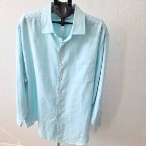 CARIBBEAN MENS SIZE 2XB LIGHT BLUE WOVEN PLAID JACQUARD PRINT LONG SLEEVE SHIRT